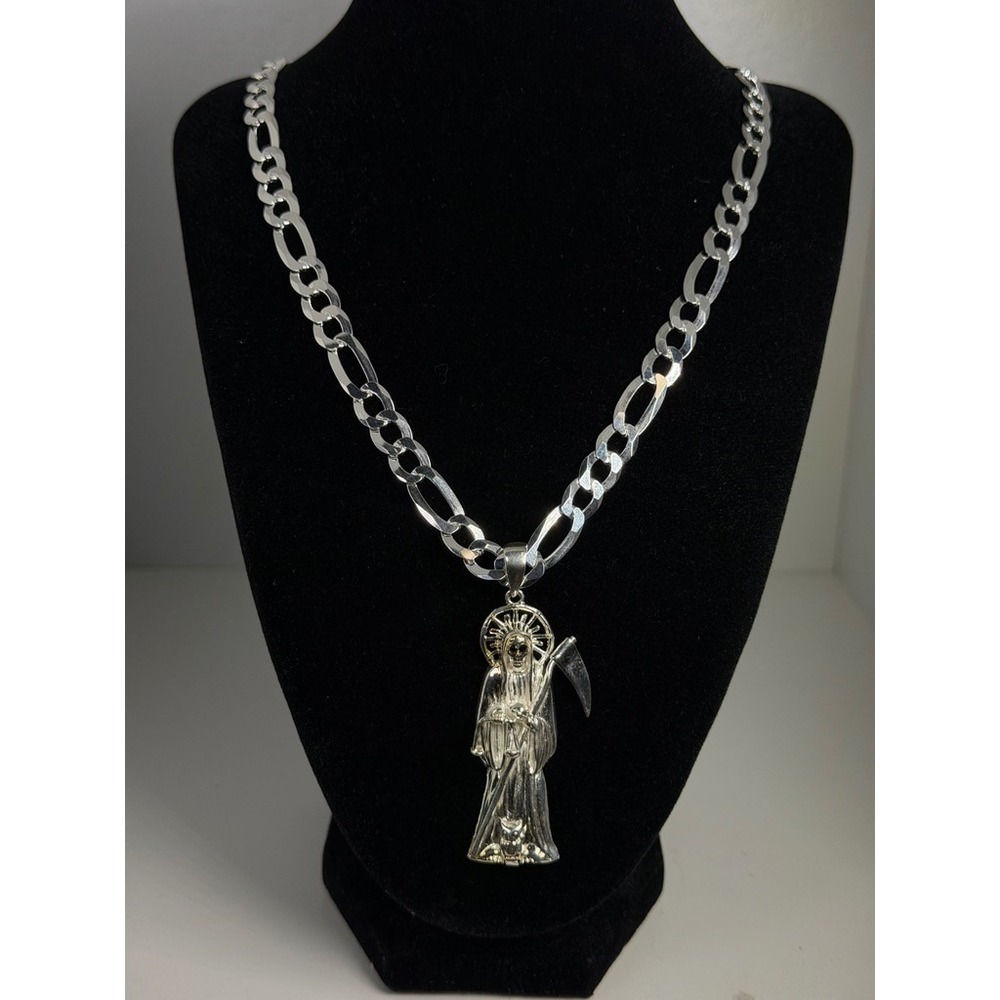 925 Sterling Silver Santa Muerte Pendant Necklace 22 Inch 8.5mm Figaro Chain